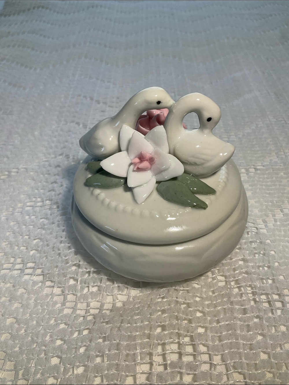 Porcelain Trinket Box with Swan Pair and Flowers